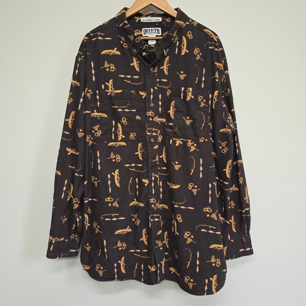 Duluth Trading Co Free Swingin Flannel Mens 2XL Brown Fishing Canoe Gorpcore